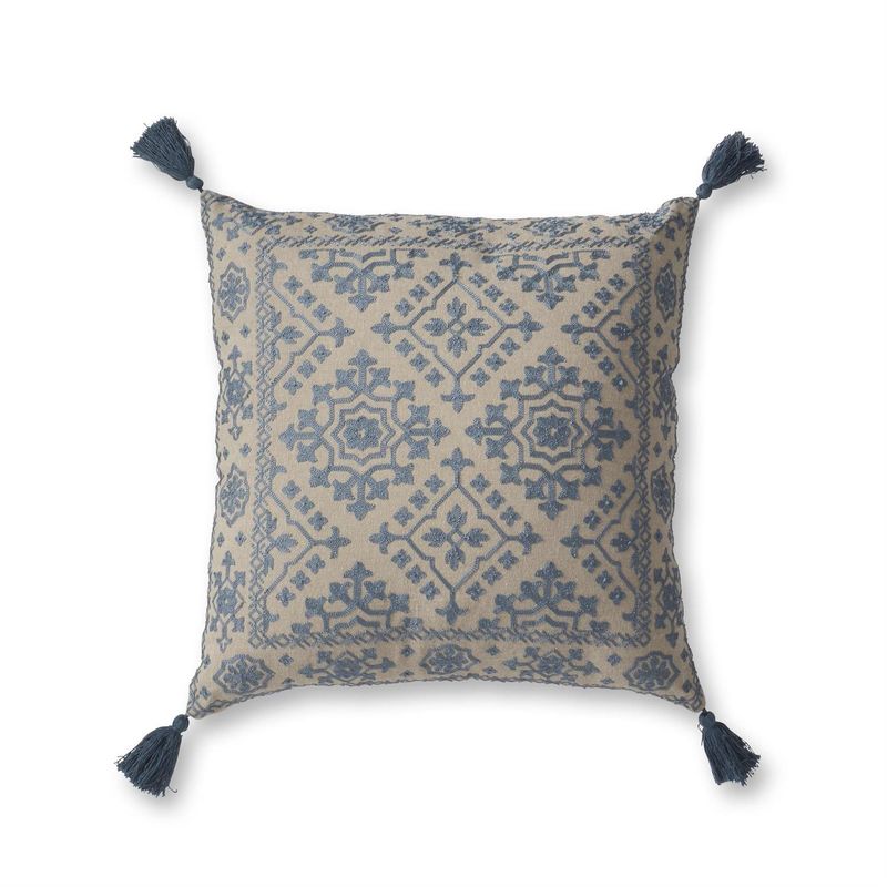 Handcrafted Beige &amp; Blue Embroidered Tassel Pillow