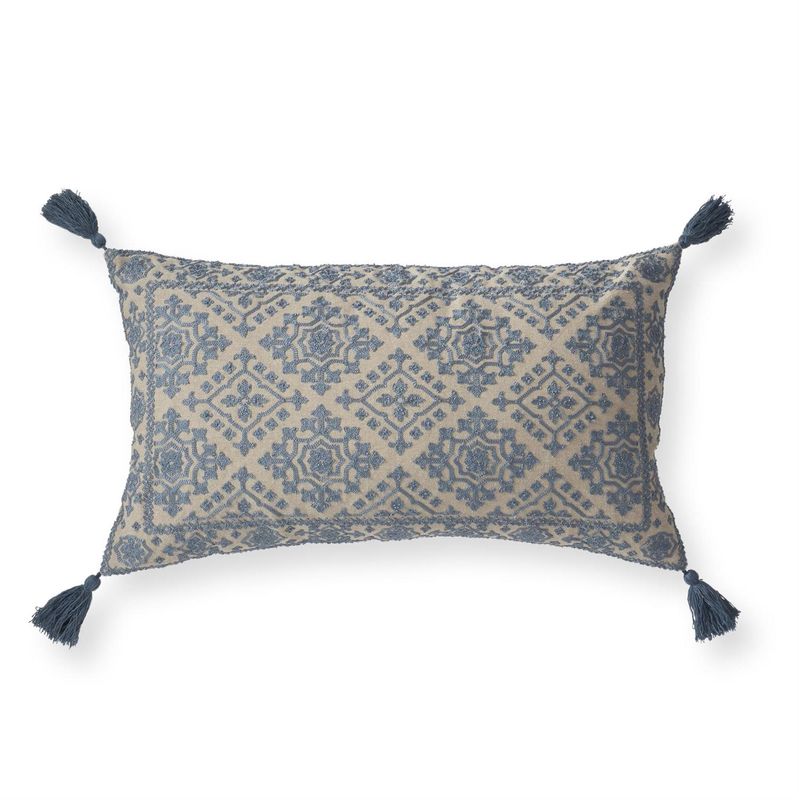 Handcrafted Beige &amp; Blue Embroidered Tassel Pillow