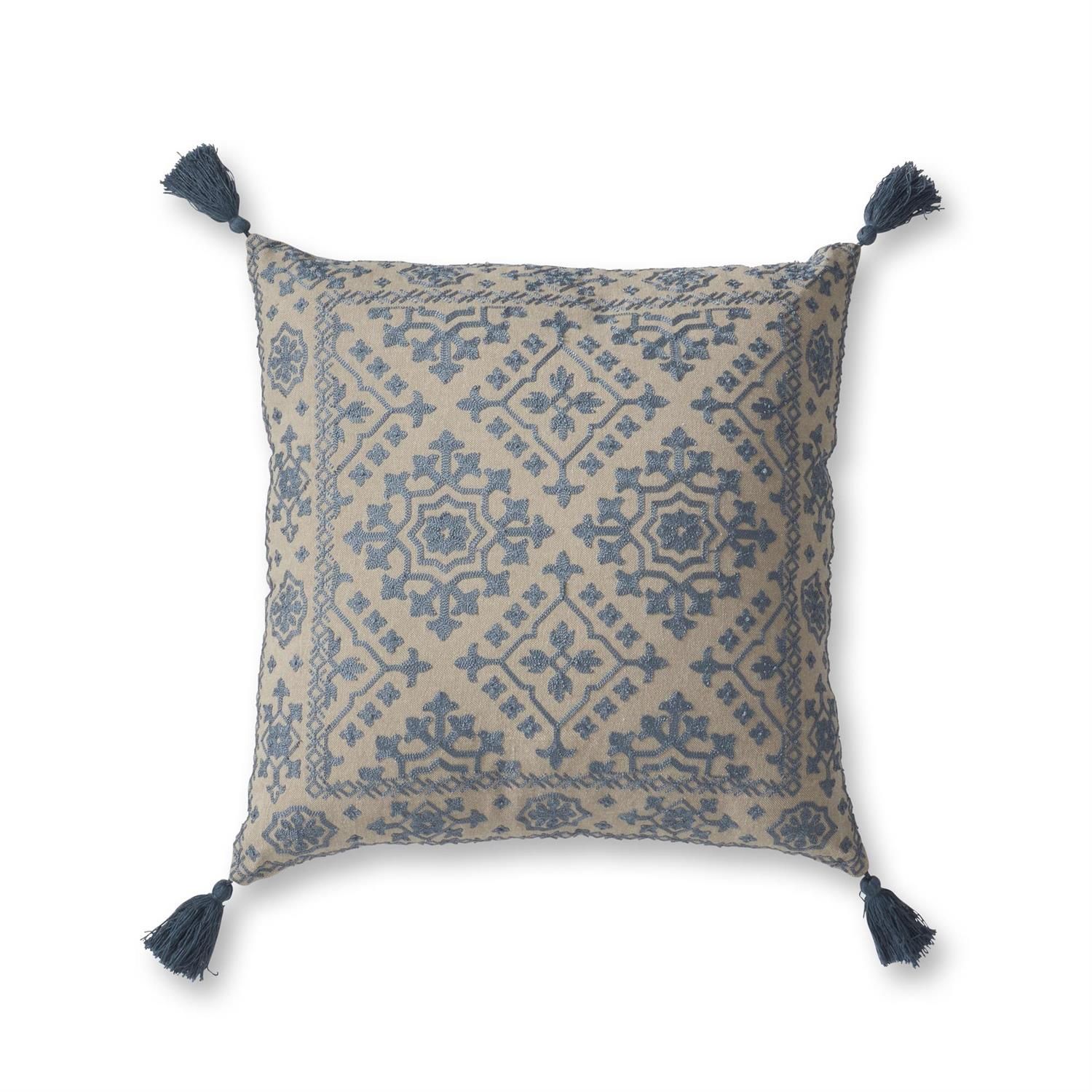 Handcrafted Beige &amp; Blue Embroidered Tassel Pillow, Type: Square