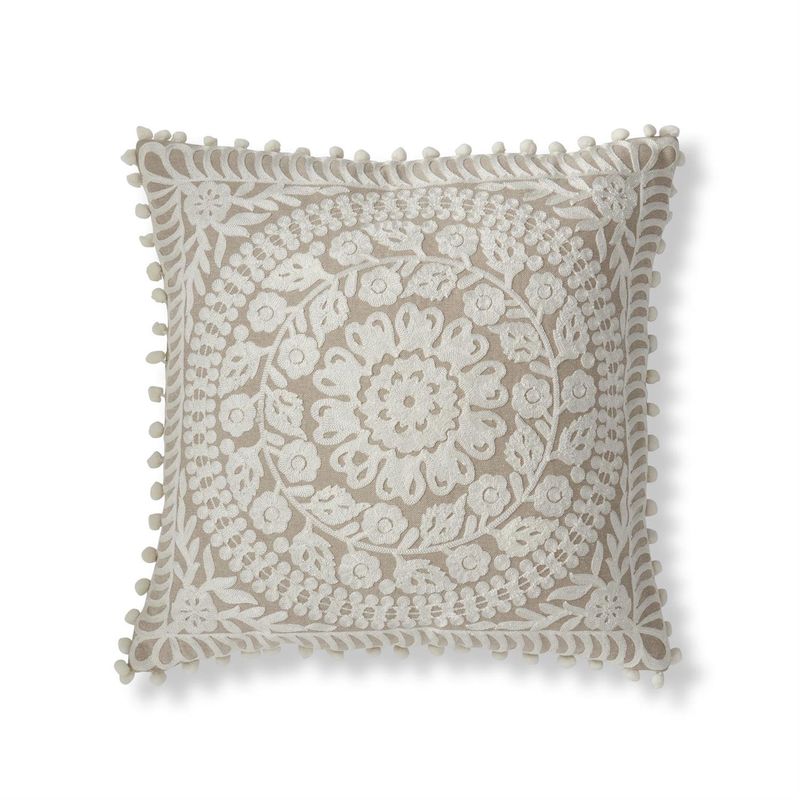 Pompom Trim Beige &amp; Cream Circle Embroidered Pillows