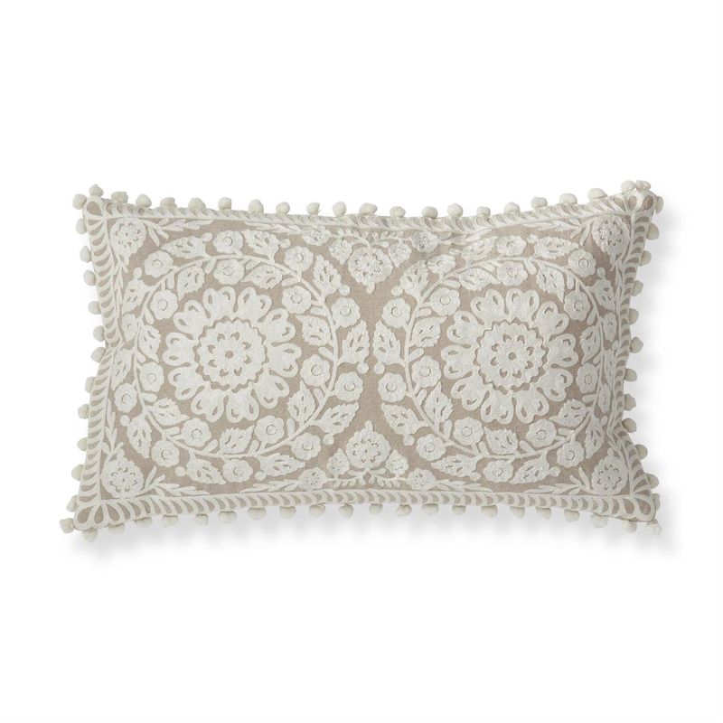 Pompom Trim Beige &amp; Cream Circle Embroidered Pillows