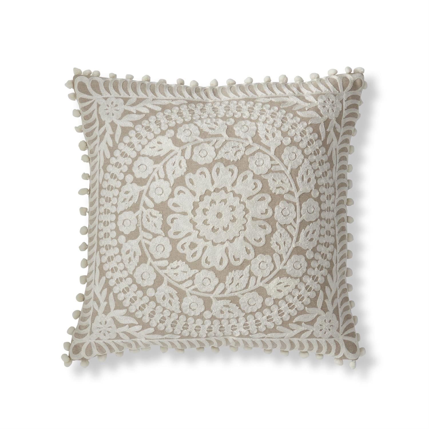 Pompom Trim Beige &amp; Cream Circle Embroidered Pillows, Type: Square