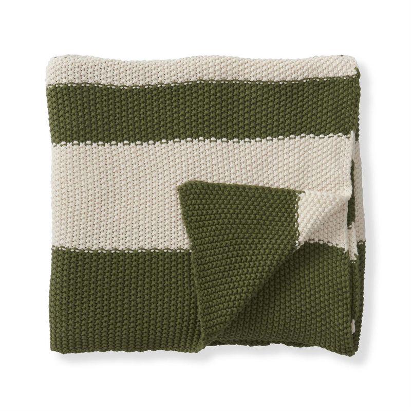 60" Cotton Knit Light Green &amp; Cream Striped Throw