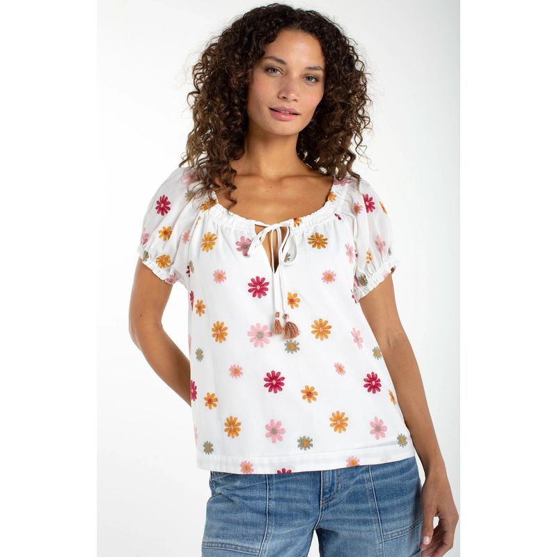 Liverpool White Multi Flower Short Sleeve Tie Neck Top