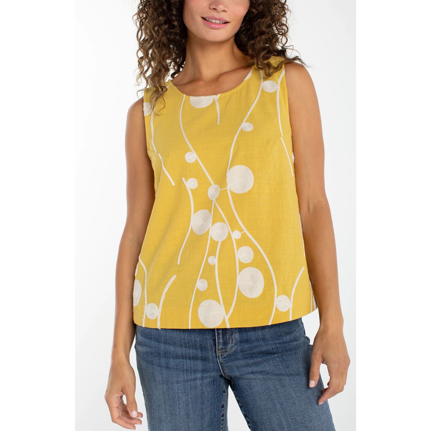 Liverpool Yellow &amp; Cream Sleeveless Button Back Woven Tank