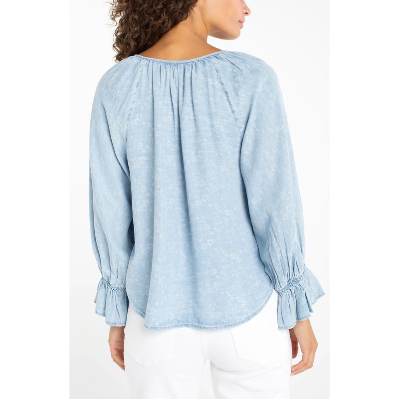 Liverpool Rose Ice Blue 3/4 Sleeve Button Front Shirred Top
