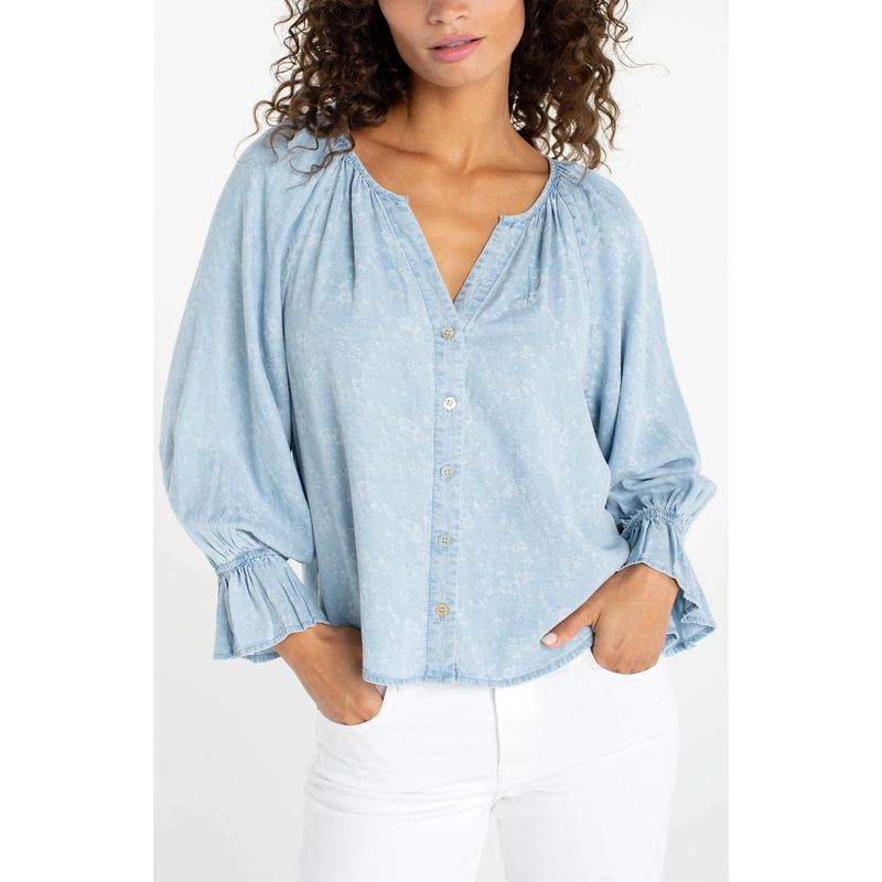 Liverpool Rose Ice Blue 3/4 Sleeve Button Front Shirred Top