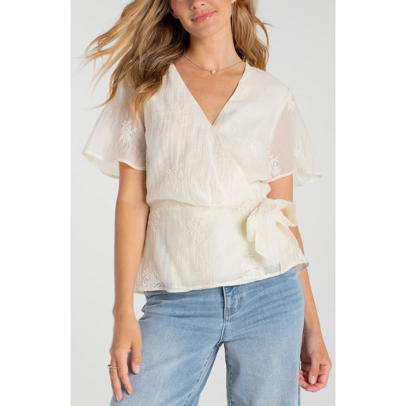 Liverpool Cream Short Sleeve Wrap Front Woven Top With Tie