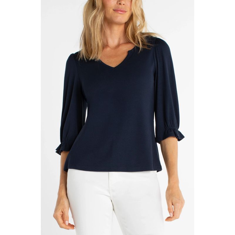Liverpool Dark Navy V Neck 3/4 Ruffle Sleeve Top