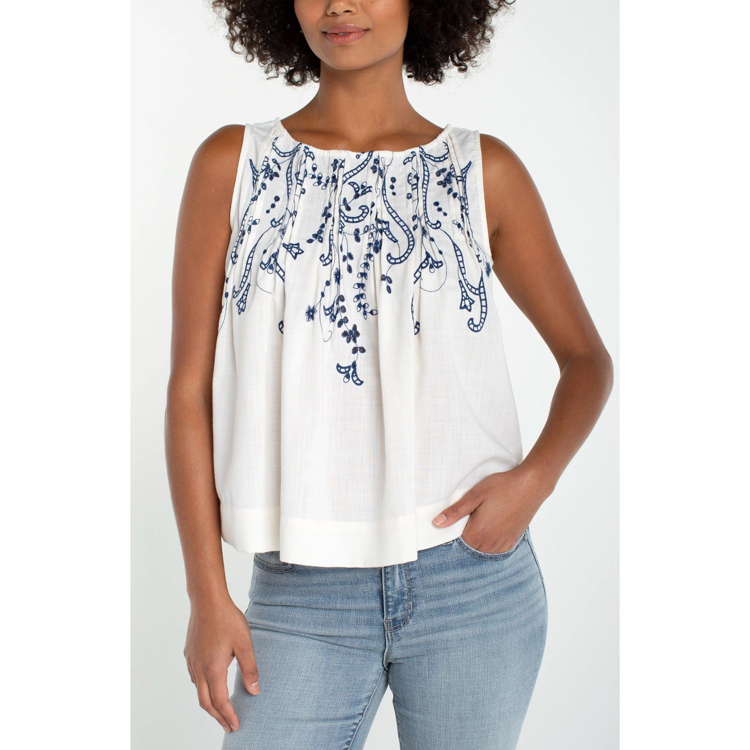 Liverpool Cream &amp; Blue Embroidered Floral Tank