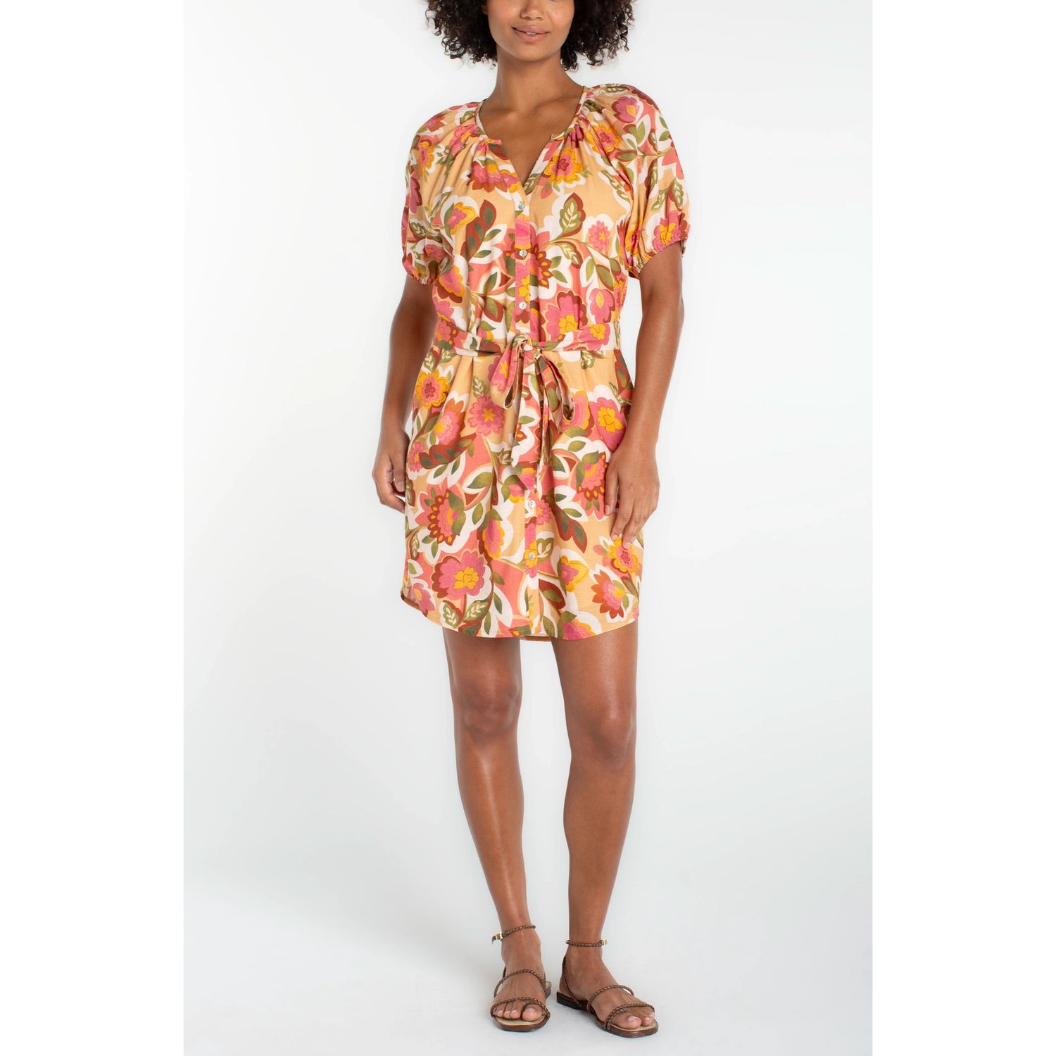 Liverpool Tan Multi Floral Button Up Puff Sleeve Dress