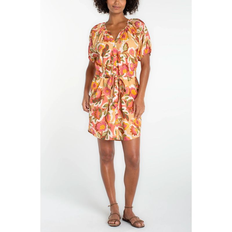 Liverpool Tan Multi Floral Button Up Puff Sleeve Dress