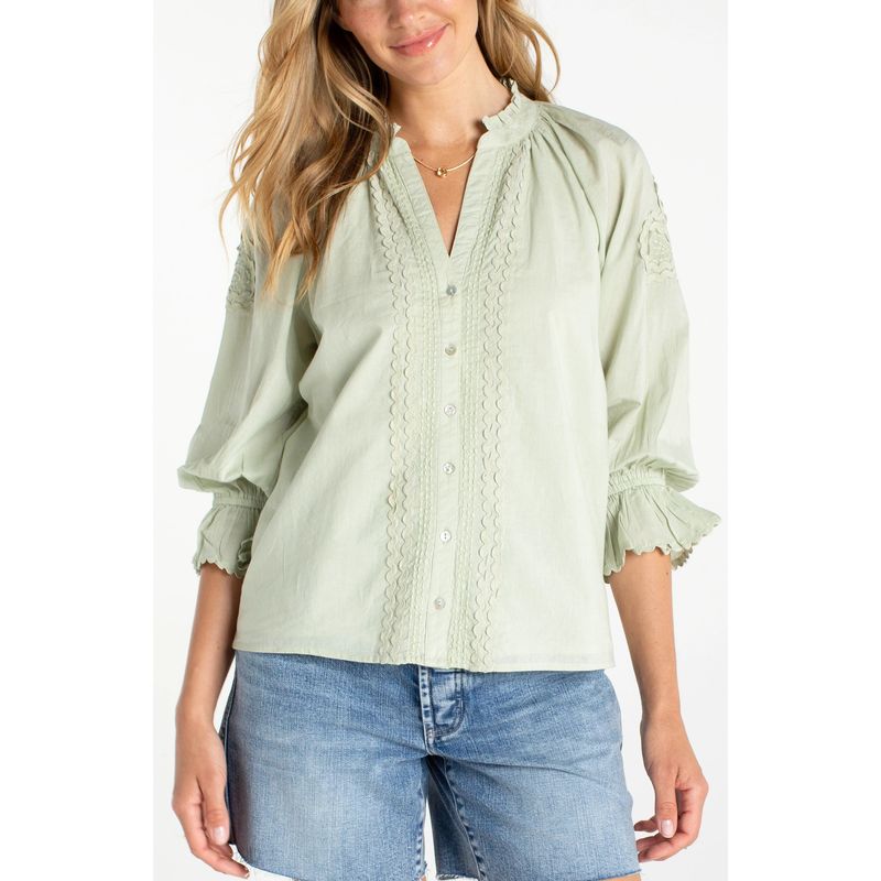 Liverpool Matcha Green Button-Front V-Neck Woven Blouse