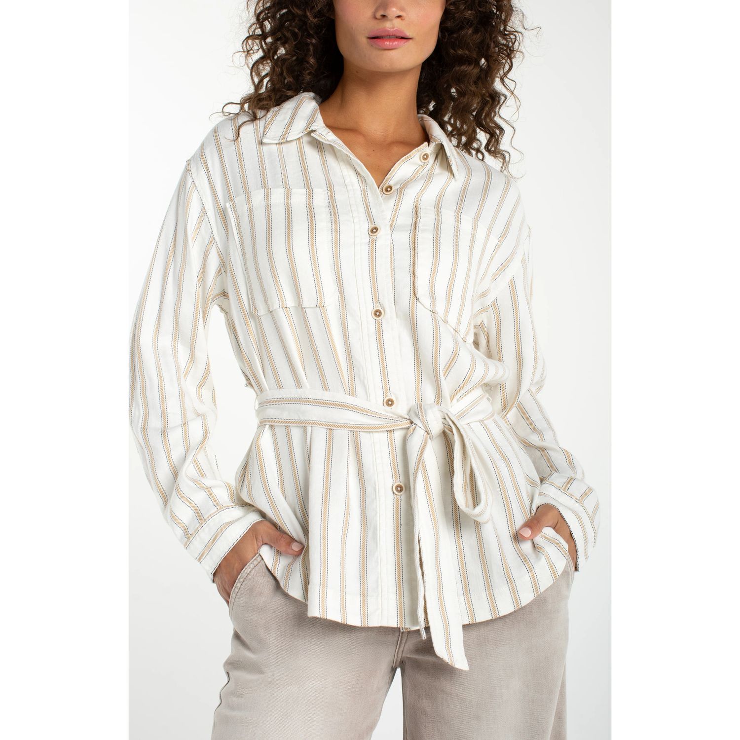 Liverpool Cream &amp; Tan Regency Stripe Belted Shacket