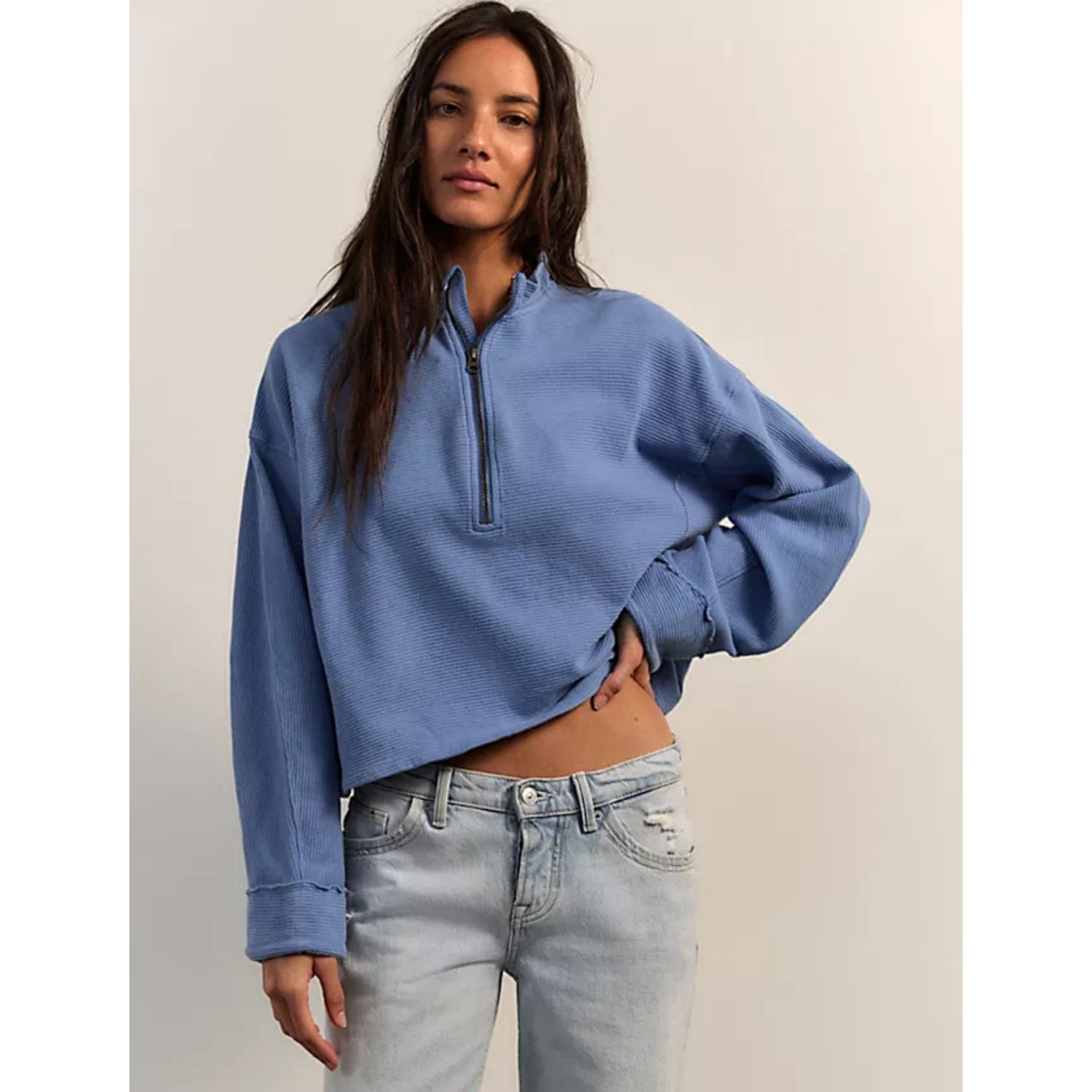 Free People Blue Riviera Celeste Quarter Zip Crop Jacket