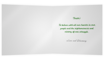 Kwanzaa Cards are black and green. Day 7, Imani means Faith.