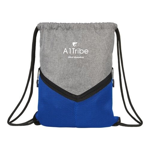 Pull-string two-fabric front with zip pocket backpack.