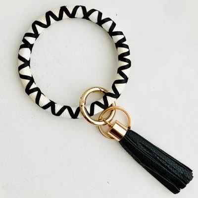 Keychain, Boho Bangle w/ Ribbon, Black/White