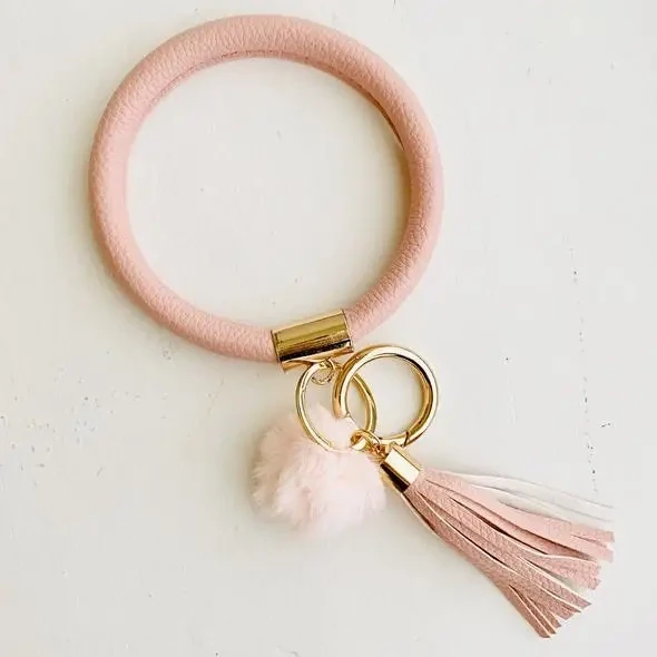 Keychain, Boho Bangle w/Pom pom, Cream/Pink