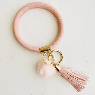 Keychain, Boho Bangle w/Pom pom, Cream/Pink