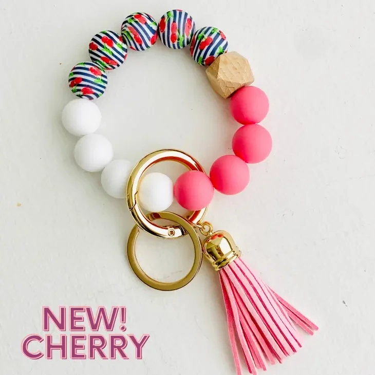 Keychain, Silicone Wristlet Bead Bracelet, Cherry