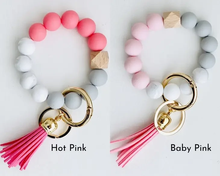 Keychain, Silicone Wristlet Bead Bracelet, Hot Pink