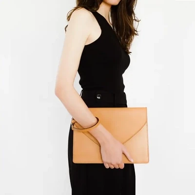 Envelope Clutch in Vegetable Tanned Calfskin Leather, Natural