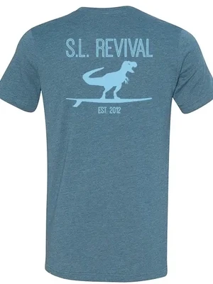 Surfing T-Rex T-Shirt, Back Graphic, Heather Teal