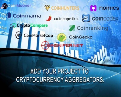 Add your project to cryptocurrency aggregators Coinmoner, CoinGecko, CoinPaprica, Nominex, Coinranking and others.