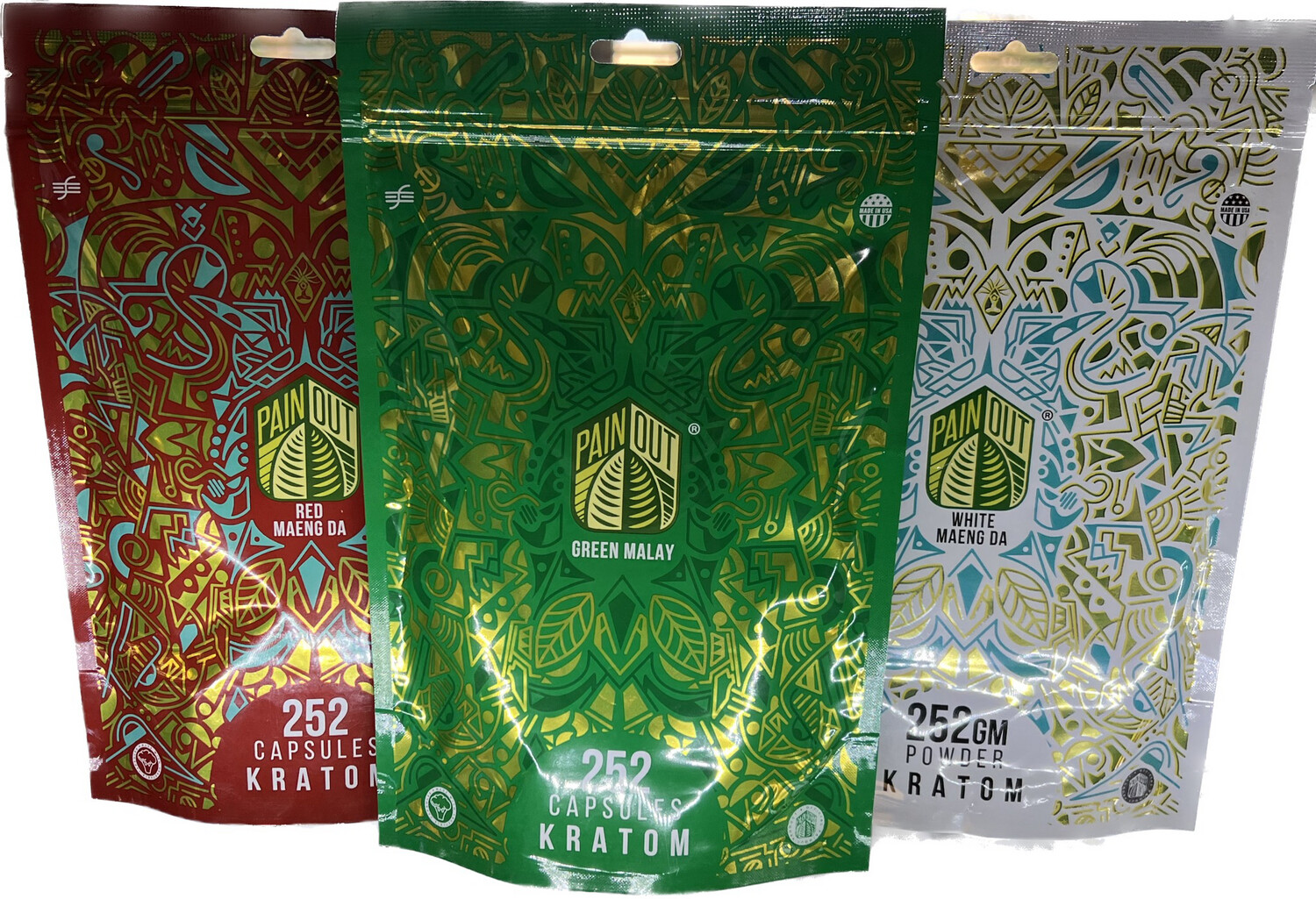 Pain Out Kratom, Strain: Green Vein Malay, Powder or Capsules: 252 ct. Capsules