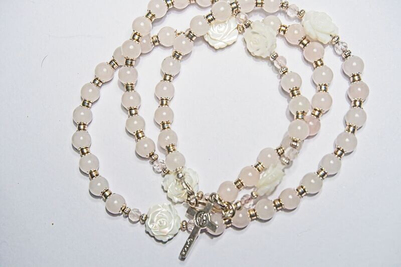 Pink Quartz &amp; Mother of Pearl Rosary Beads