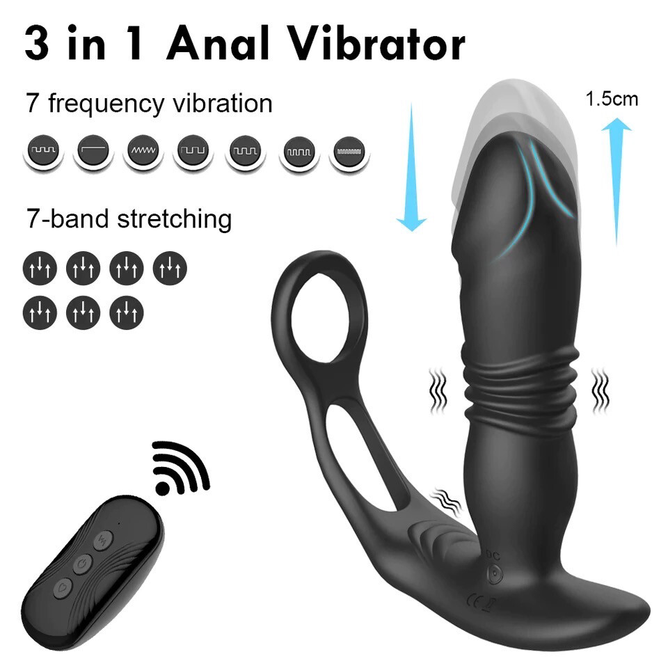 Silicone Anal Vibrator Thrusting Prostate Stimulator Massager Delay Ejaculation Lock Ring Anal Butt Plug