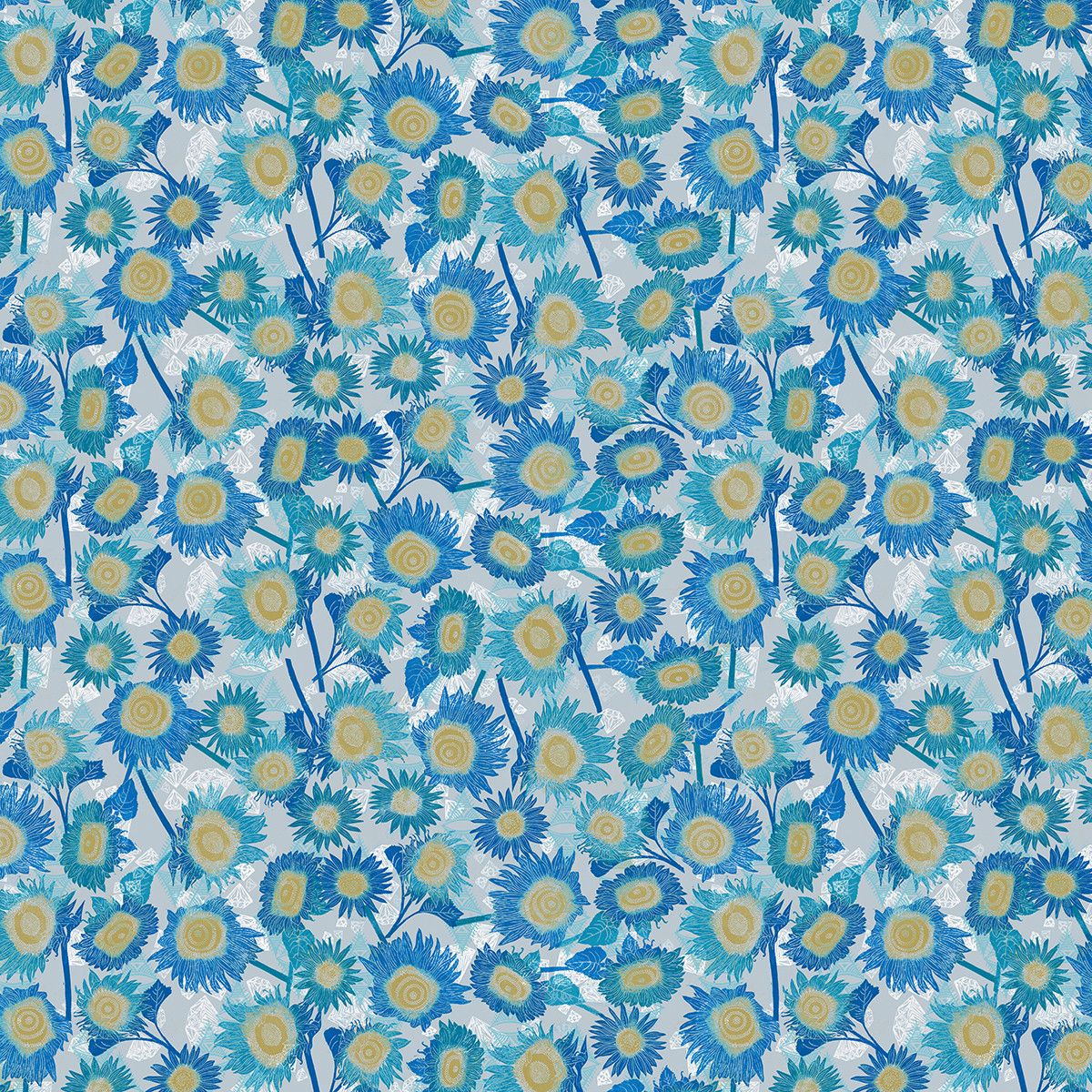 Blauer Sonnenblumenstoff The Sunflowers Cool von Valori Wells aus der Kollektion The Wisdom für FreeSpirit Fabrics