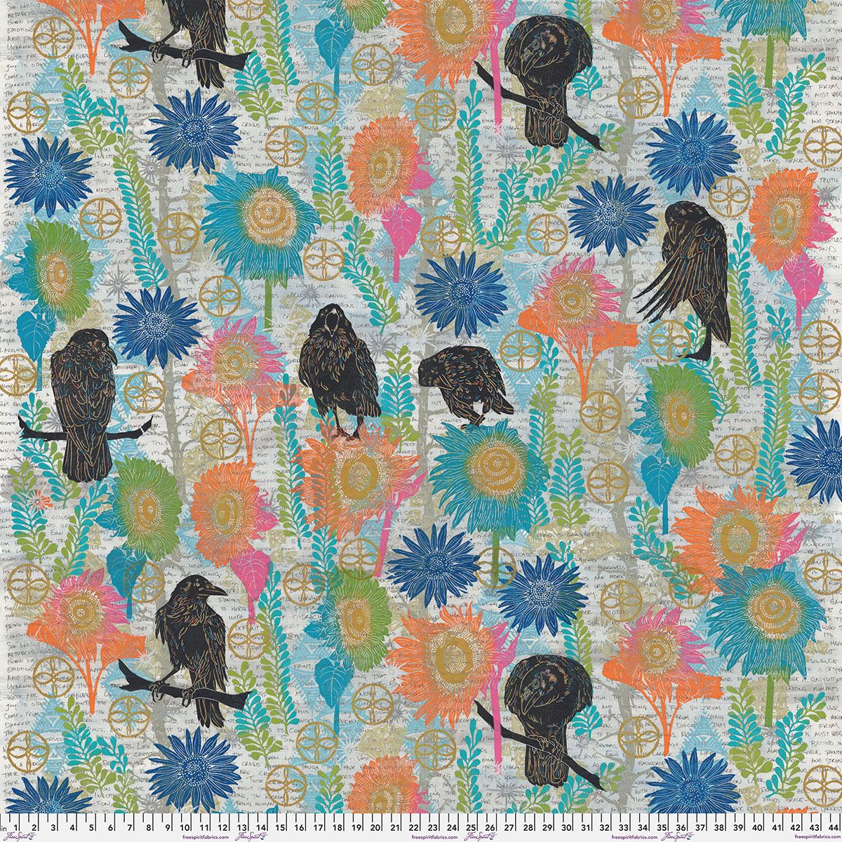 The Studio Multi Baumwollstoff von Valori Wells aus The Wisdom mit Krähen Sonnenblumen Blättern Schrift und grafischen Kreise