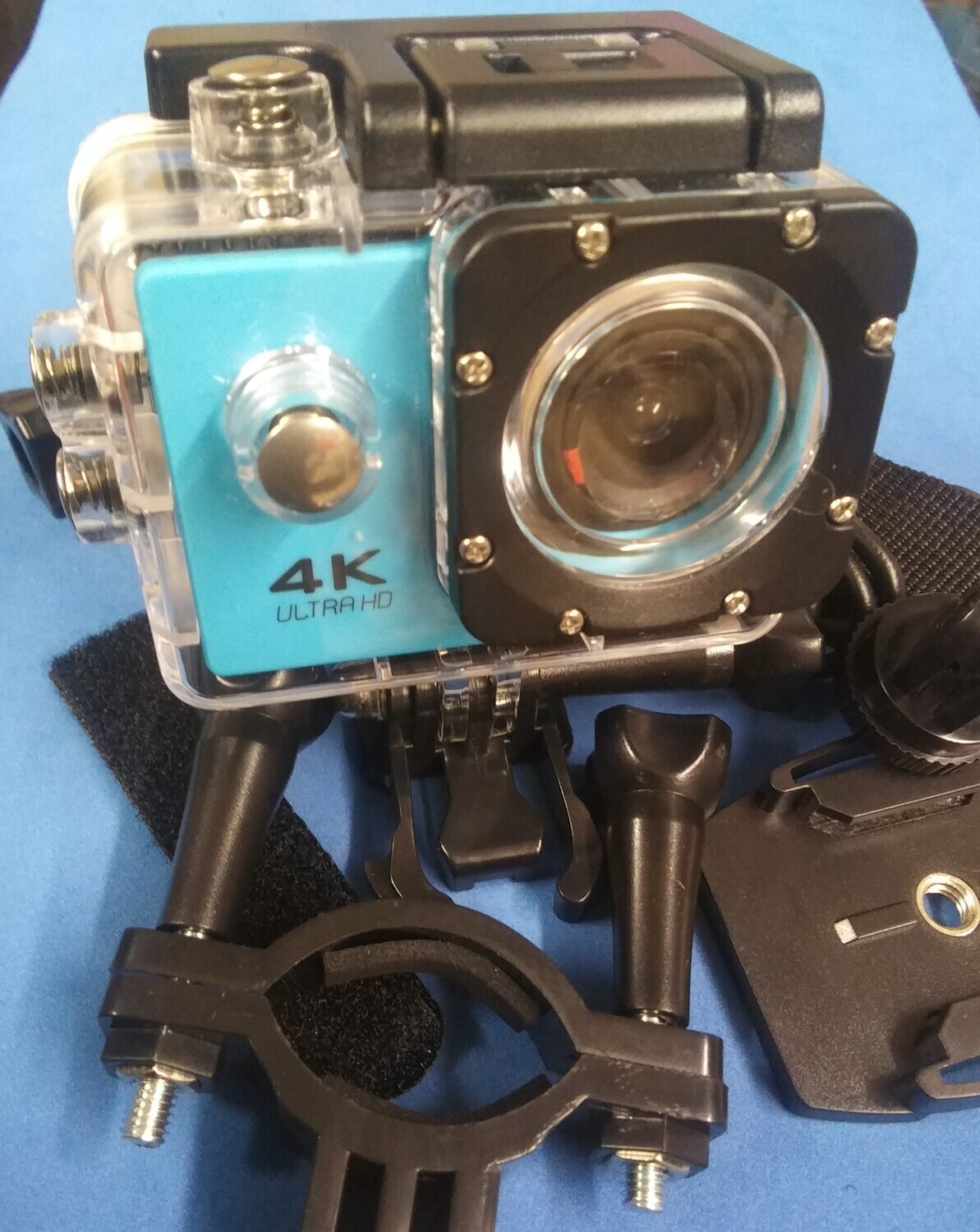 Blue 4K Sports Action Camera With Attachments