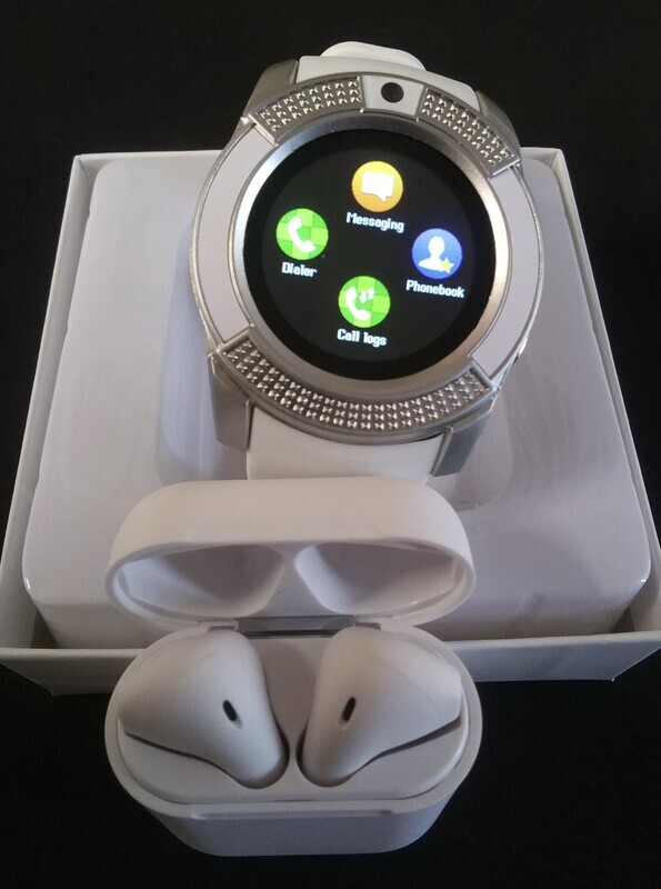 V-Series White Smart Watch + 5.0 Auto Connect Bluetooth Earbuds