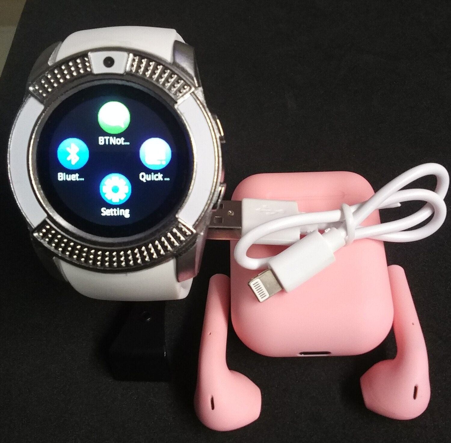 V-Series White Smart Watch + 5.0 Pink Wireless Earbuds