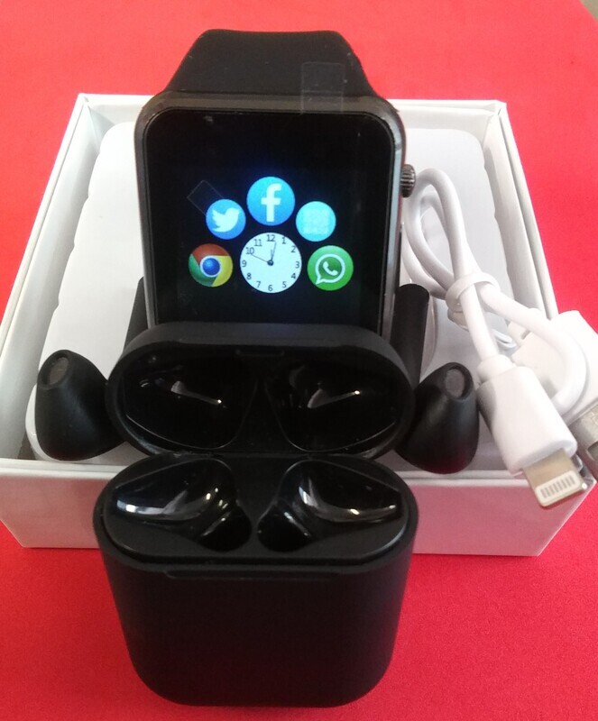 A-Series Black Smart Watch + 5.0 Auto Connect Wireless Bluetooth Earbuds