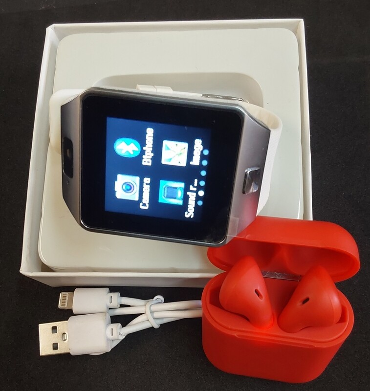 D-Series White Smart Watch + 5.0 Red Wireless Earbuds