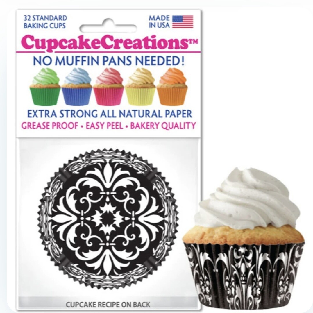 Black Damask Bake Cups Pk32