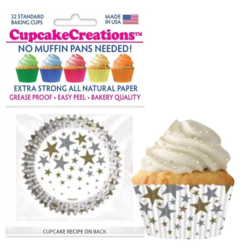 Gold &amp; Silver Stars Bake Cups Pk32
