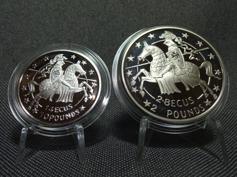 Silbermünze Gibraltar 14/2,8 Ecus 10/2 Pounds 1992 Ritter Pferd Set PP Proof