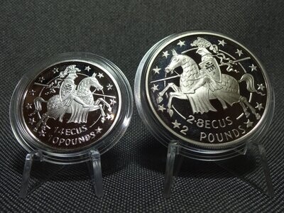 Silbermünze Gibraltar 14/2,8 Ecus 10/2 Pounds 1992 Ritter Pferd Set PP Proof