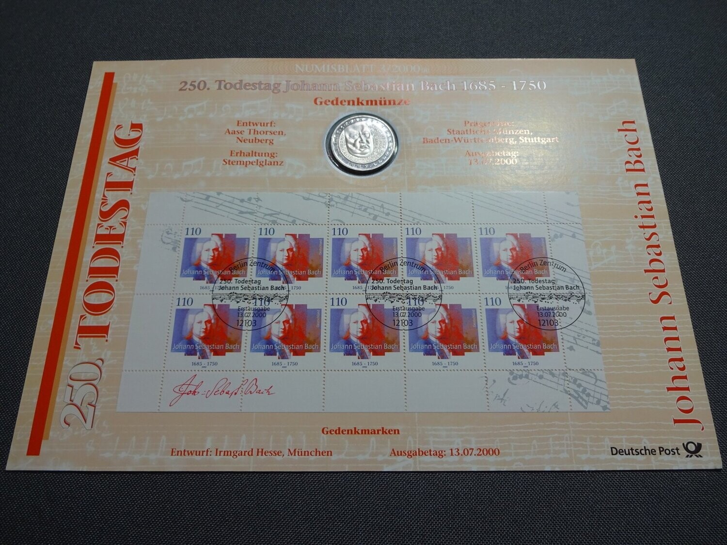 Numisblatt Silbermünze Deutschland 2000 F 10 Mark Johann S. Bach Briefmarken