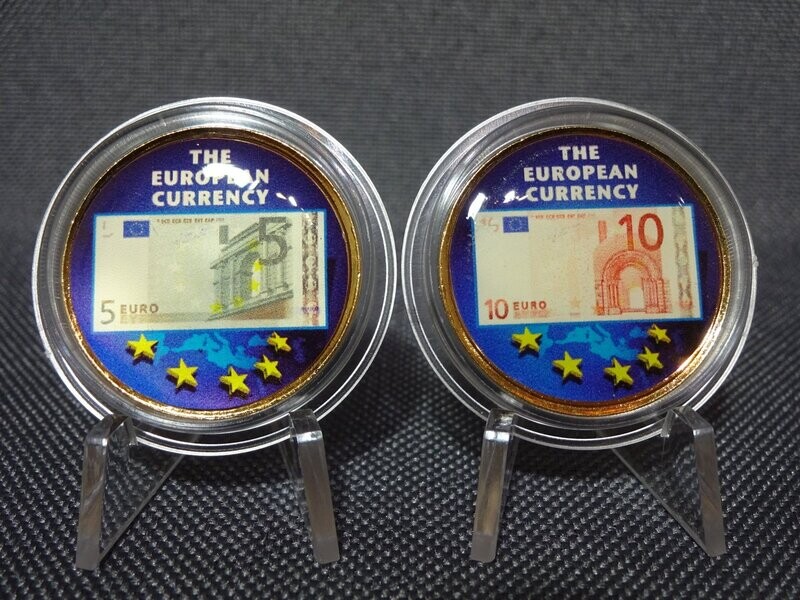 Münzen Set 2 Euro Geldschein Banknote 5 & 10 Euro Farbe Emaille Vergoldet