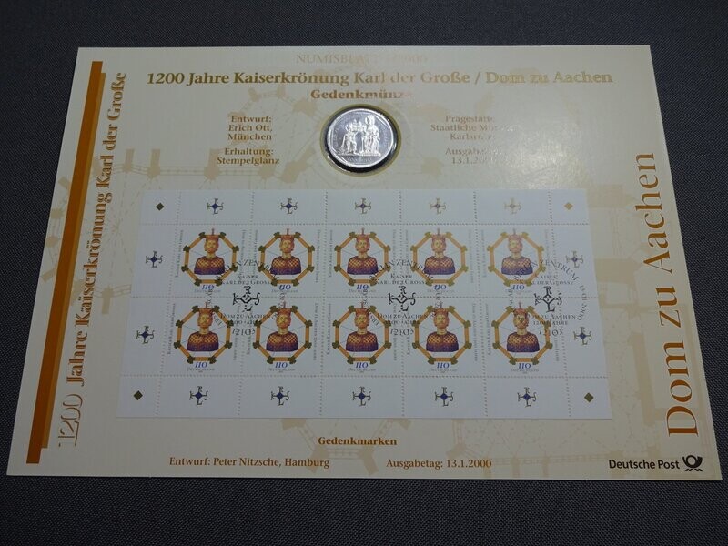 Numisblatt Silbermünze Deutschland 2000 G 10 Mark Dom Aachen Karl der Große Briefmarken Numisblatt Silbermünze Deutschland 2000 G 10 Mark Dom Aachen Karl der Große Briefmarken