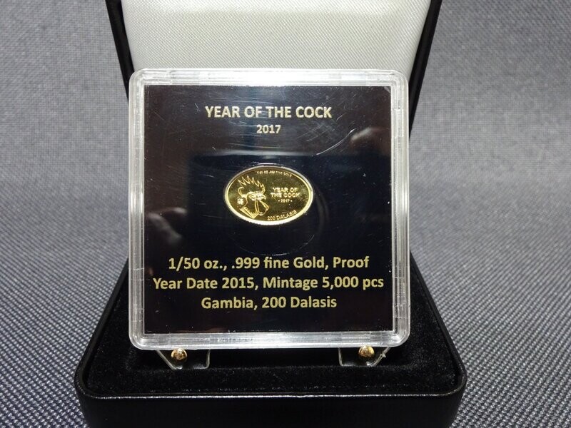 Goldmünze Gambia 2015 Lunar Hahn 2017 200 Dalasis PP Proof 1/50 Oz Unze