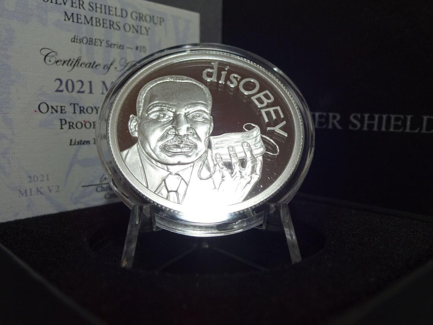 Silbermedaille USA 2021 disOBEY Martin Luther King Maskenverweigerer Silver Shield PP Proof 1 Oz Unze