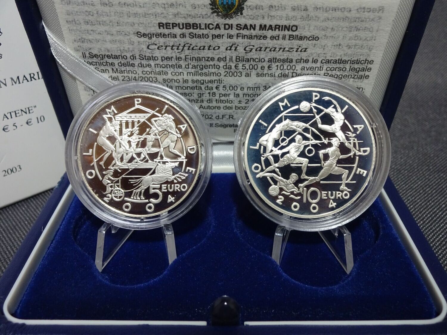 Silbermünzen Set San Marino 2003 5 & 10 Euro Olympiade 2004 Athen Sommerspiele PP Proof