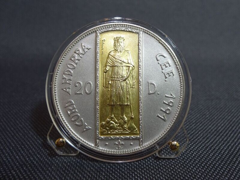 Silbermünze Andorra 1994 20 Diners ECU Petrus Gilded Inlay 917-Gold 1,6 g
